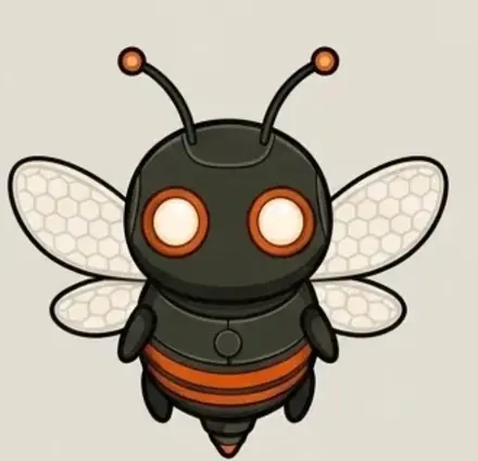 Ari, a small charcoal robotic bee with orange bands and glowing lens eyes, hovering