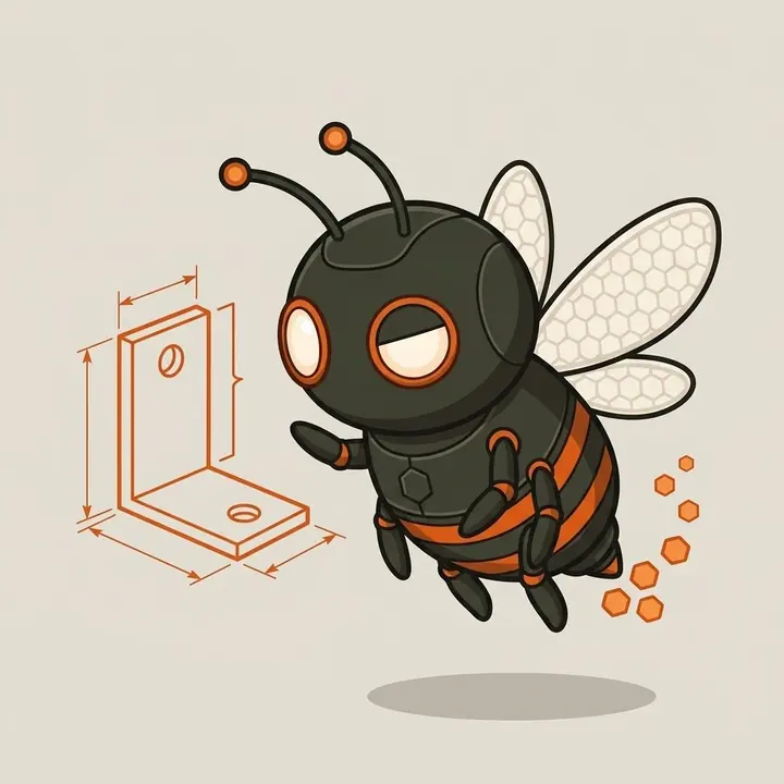 Ari, the robotic bee, studying an orange wireframe of a bracket with measurement lines around it